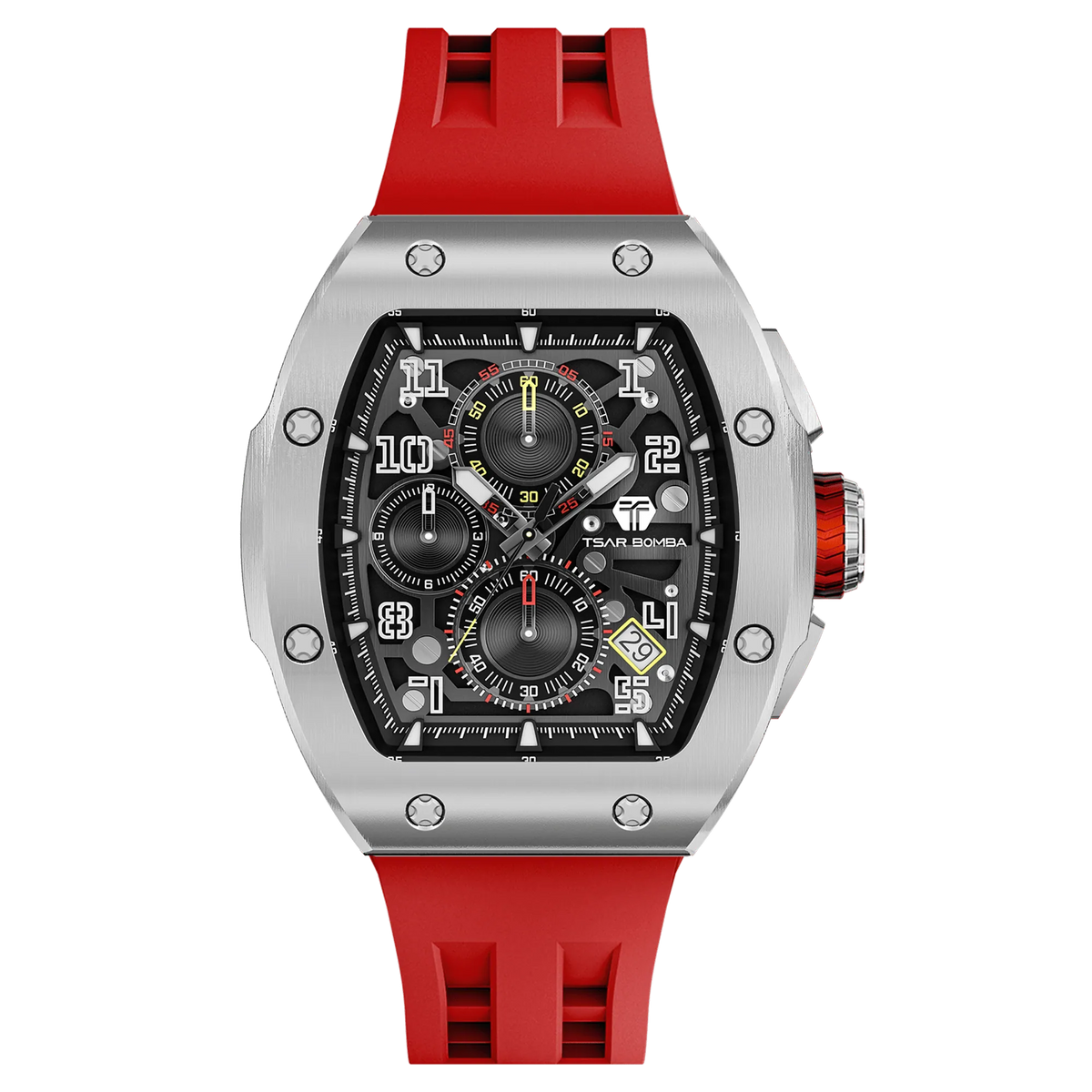 The TSAR BOMBA Atomic TB8214Q interchangebale tonneau quartz watch. stainless-steel-silver-bezel-and-red-interchangeable strap.  The Multifunction dial design, the multifunction dial features a chronograph minute sub-dial at the 12 o'clock position, a date display between the 4 and 5 o'clock positions, a seconds sub-dial at the 6 o'clock position, and an hour chronograph sub-dial at the 9 o'clock position. --Front-view