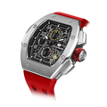 The TSAR BOMBA Atomic TB8214Q interchangebale tonneau quartz watch. stainless-steel-silver-bezel-and-red-interchangeable strap.  The Multifunction dial design, the multifunction dial features a chronograph minute sub-dial at the 12 o'clock position, a date display between the 4 and 5 o'clock positions, a seconds sub-dial at the 6 o'clock position, and an hour chronograph sub-dial at the 9 o'clock position. --Left three-quarter-angled-view