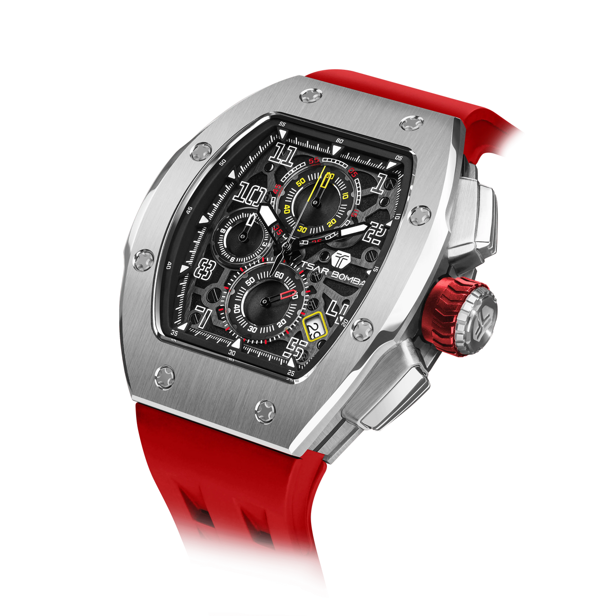 The TSAR BOMBA Atomic TB8214Q interchangebale tonneau quartz watch. stainless-steel-silver-bezel-and-red-interchangeable strap.  The Multifunction dial design, the multifunction dial features a chronograph minute sub-dial at the 12 o'clock position, a date display between the 4 and 5 o'clock positions, a seconds sub-dial at the 6 o'clock position, and an hour chronograph sub-dial at the 9 o'clock position. --Left three-quarter-angled-view
