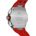 The TSAR BOMBA Atomic TB8214Q interchangebale tonneau quartz watch. stainless-steel-silver-bezel-and-red-interchangeable strap.  The Multifunction dial design, the multifunction dial features a chronograph minute sub-dial at the 12 o'clock position, a date display between the 4 and 5 o'clock positions, a seconds sub-dial at the 6 o'clock position, and an hour chronograph sub-dial at the 9 o'clock position. --Rear-view