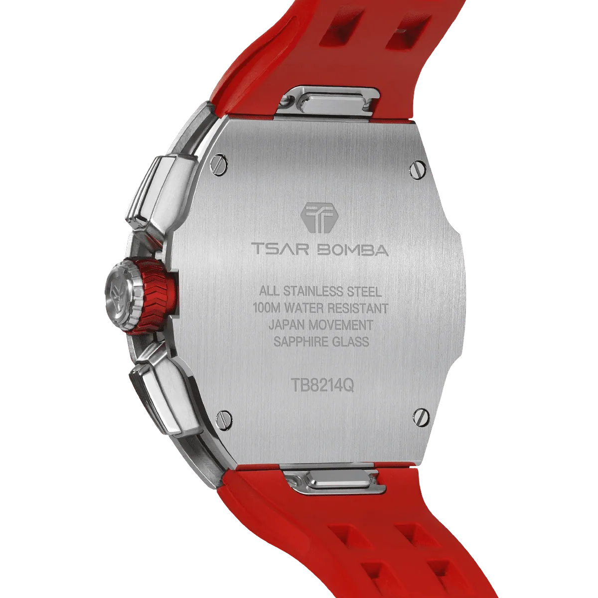 The TSAR BOMBA Atomic TB8214Q interchangebale tonneau quartz watch. stainless-steel-silver-bezel-and-red-interchangeable strap.  The Multifunction dial design, the multifunction dial features a chronograph minute sub-dial at the 12 o'clock position, a date display between the 4 and 5 o'clock positions, a seconds sub-dial at the 6 o'clock position, and an hour chronograph sub-dial at the 9 o'clock position. --Rear-view