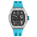 The TSAR BOMBA Atomic TB8214Q interchangebale tonneau quartz watch. stainless-steel-silver-bezel-and-Light-Blue-interchangeable strap.  The Multifunction dial design, the multifunction dial features a chronograph minute sub-dial at the 12 o'clock position, a date display between the 4 and 5 o'clock positions, a seconds sub-dial at the 6 o'clock position, and an hour chronograph sub-dial at the 9 o'clock position. --Front-view
