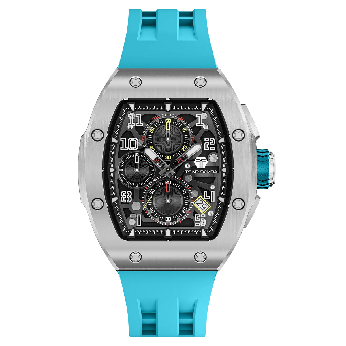 The TSAR BOMBA Atomic TB8214Q interchangebale tonneau quartz watch. stainless-steel-silver-bezel-and-Light-Blue-interchangeable strap.  The Multifunction dial design, the multifunction dial features a chronograph minute sub-dial at the 12 o'clock position, a date display between the 4 and 5 o'clock positions, a seconds sub-dial at the 6 o'clock position, and an hour chronograph sub-dial at the 9 o'clock position. --Front-view
