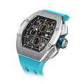 The TSAR BOMBA Atomic TB8214Q interchangebale tonneau quartz watch. stainless-steel-silver-bezel-and-Light-Blue-interchangeable strap.  The Multifunction dial design, the multifunction dial features a chronograph minute sub-dial at the 12 o'clock position, a date display between the 4 and 5 o'clock positions, a seconds sub-dial at the 6 o'clock position, and an hour chronograph sub-dial at the 9 o'clock position. --Left three-quarter-angled-view