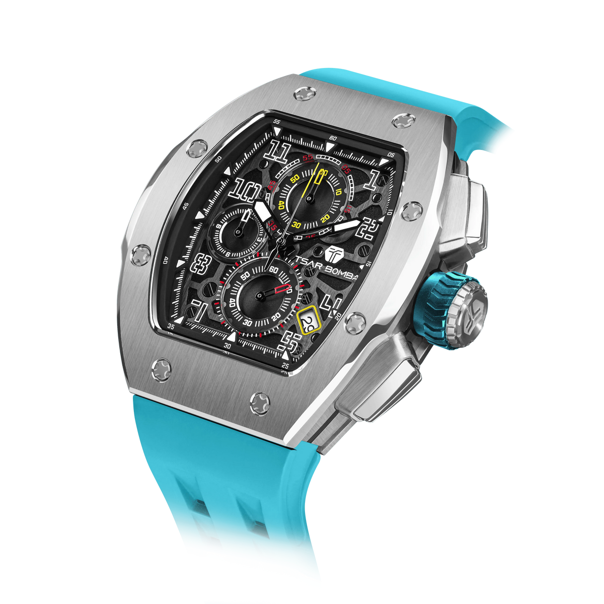The TSAR BOMBA Atomic TB8214Q interchangebale tonneau quartz watch. stainless-steel-silver-bezel-and-Light-Blue-interchangeable strap.  The Multifunction dial design, the multifunction dial features a chronograph minute sub-dial at the 12 o'clock position, a date display between the 4 and 5 o'clock positions, a seconds sub-dial at the 6 o'clock position, and an hour chronograph sub-dial at the 9 o'clock position. --Left three-quarter-angled-view