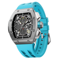 The TSAR BOMBA Atomic TB8214Q interchangebale tonneau quartz watch. stainless-steel-silver-bezel-and-Light-Blue-interchangeable strap.  The Multifunction dial design, the multifunction dial features a chronograph minute sub-dial at the 12 o'clock position, a date display between the 4 and 5 o'clock positions, a seconds sub-dial at the 6 o'clock position, and an hour chronograph sub-dial at the 9 o'clock position. --FLeft three-quarter-view