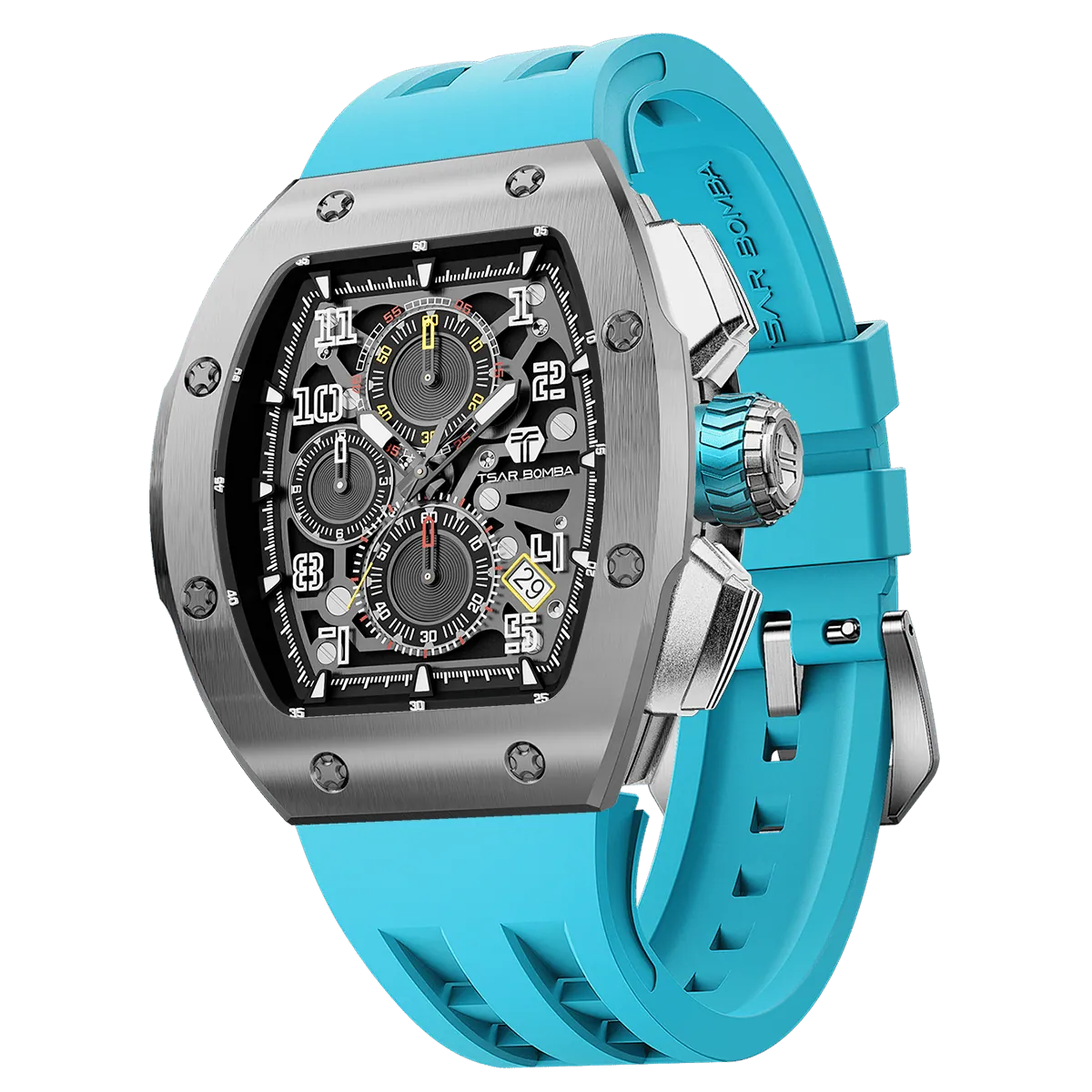 The TSAR BOMBA Atomic TB8214Q interchangebale tonneau quartz watch. stainless-steel-silver-bezel-and-Light-Blue-interchangeable strap.  The Multifunction dial design, the multifunction dial features a chronograph minute sub-dial at the 12 o'clock position, a date display between the 4 and 5 o'clock positions, a seconds sub-dial at the 6 o'clock position, and an hour chronograph sub-dial at the 9 o'clock position. --FLeft three-quarter-view