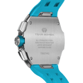The TSAR BOMBA Atomic TB8214Q interchangebale tonneau quartz watch. stainless-steel-silver-bezel-and-Light-Blue-interchangeable strap.  The Multifunction dial design, the multifunction dial features a chronograph minute sub-dial at the 12 o'clock position, a date display between the 4 and 5 o'clock positions, a seconds sub-dial at the 6 o'clock position, and an hour chronograph sub-dial at the 9 o'clock position. --Rear-view