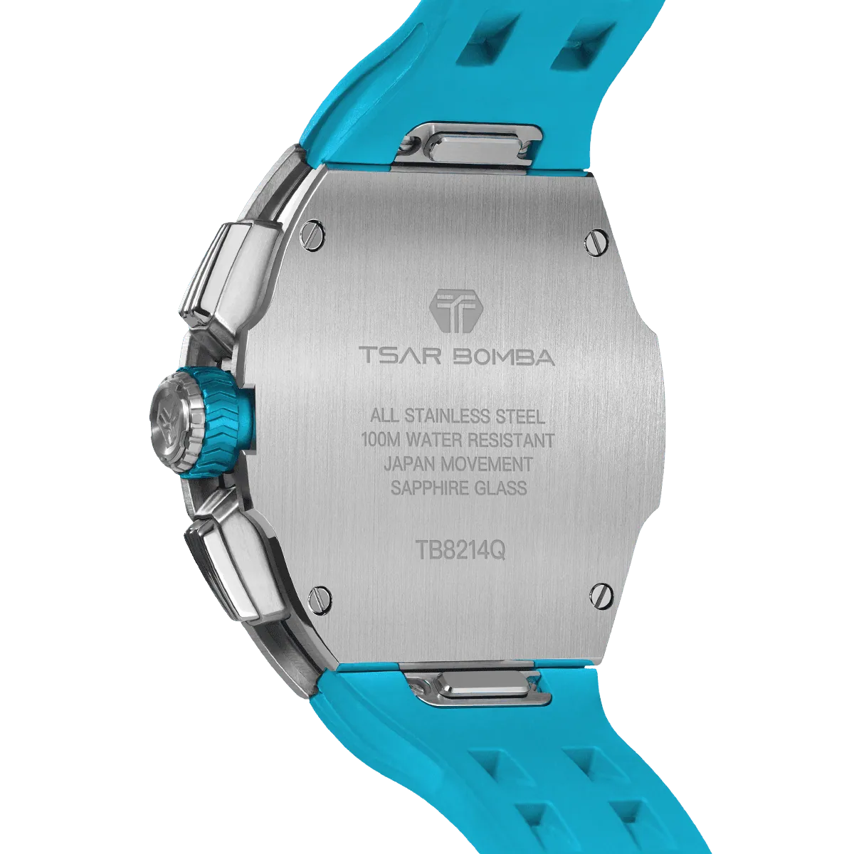 The TSAR BOMBA Atomic TB8214Q interchangebale tonneau quartz watch. stainless-steel-silver-bezel-and-Light-Blue-interchangeable strap.  The Multifunction dial design, the multifunction dial features a chronograph minute sub-dial at the 12 o'clock position, a date display between the 4 and 5 o'clock positions, a seconds sub-dial at the 6 o'clock position, and an hour chronograph sub-dial at the 9 o'clock position. --Rear-view