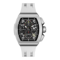 The TSAR BOMBA Atomic TB8214 interchangebale tonneau quartz watch. stainless-steel-silver-bezel-and-white-interchangeable strap.  The Multifunction dial design, the multifunction dial features a chronograph minute sub-dial at the 12 o'clock position, a date display between the 4 and 5 o'clock positions, a seconds sub-dial at the 6 o'clock position, and an hour chronograph sub-dial at the 9 o'clock position. --Front-view