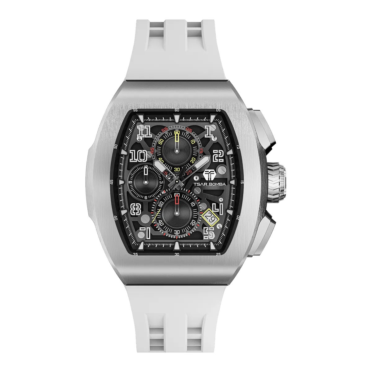 The TSAR BOMBA Atomic TB8214 interchangebale tonneau quartz watch. stainless-steel-silver-bezel-and-white-interchangeable strap.  The Multifunction dial design, the multifunction dial features a chronograph minute sub-dial at the 12 o'clock position, a date display between the 4 and 5 o'clock positions, a seconds sub-dial at the 6 o'clock position, and an hour chronograph sub-dial at the 9 o'clock position. --Front-view