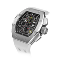 The TSAR BOMBA Atomic TB8214 interchangebale tonneau quartz watch. stainless-steel-silver-bezel-and-white-interchangeable strap.  The Multifunction dial design, the multifunction dial features a chronograph minute sub-dial at the 12 o'clock position, a date display between the 4 and 5 o'clock positions, a seconds sub-dial at the 6 o'clock position, and an hour chronograph sub-dial at the 9 o'clock position. --Left three-quarter-angled-view