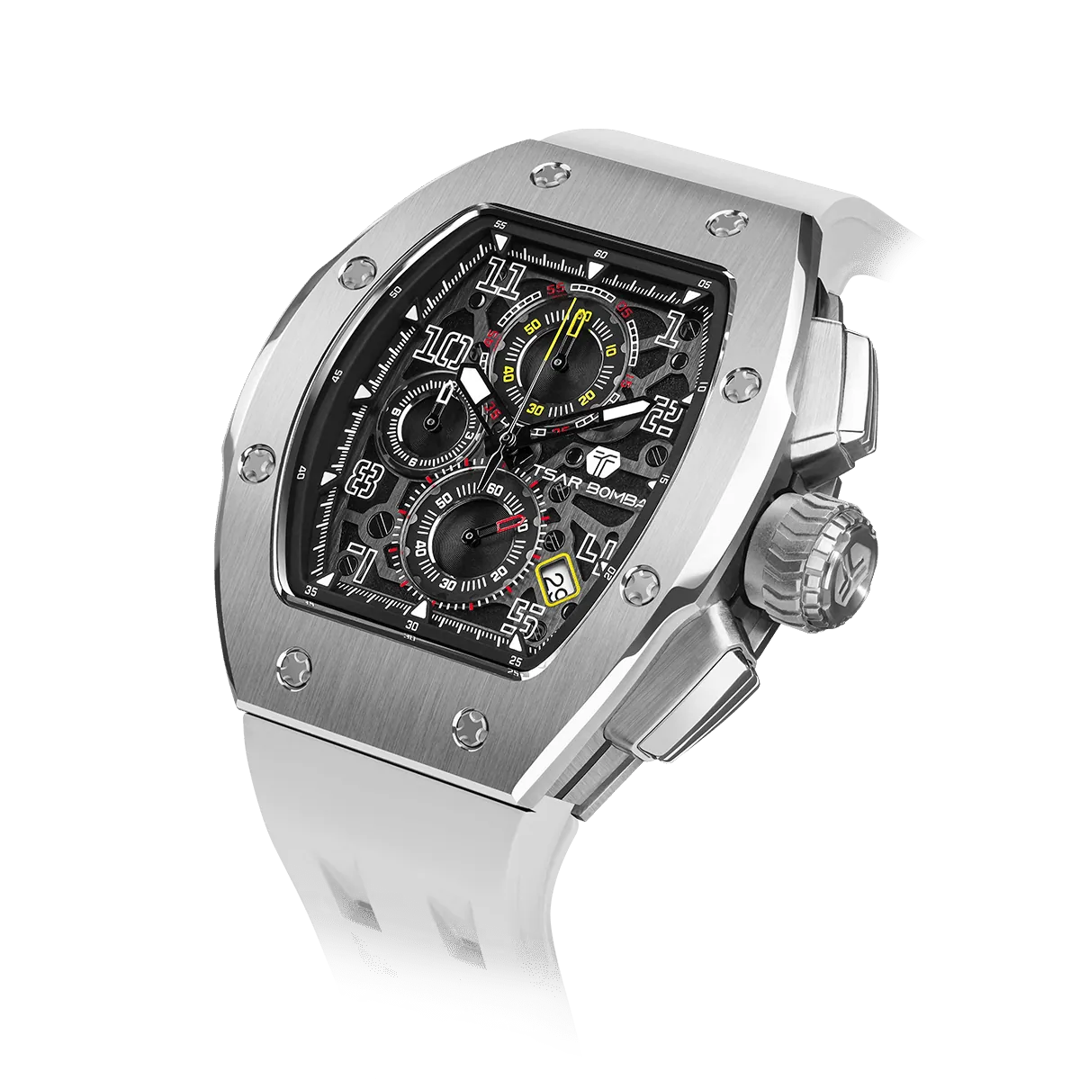 The TSAR BOMBA Atomic TB8214 interchangebale tonneau quartz watch. stainless-steel-silver-bezel-and-white-interchangeable strap.  The Multifunction dial design, the multifunction dial features a chronograph minute sub-dial at the 12 o'clock position, a date display between the 4 and 5 o'clock positions, a seconds sub-dial at the 6 o'clock position, and an hour chronograph sub-dial at the 9 o'clock position. --Left three-quarter-angled-view