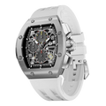 The TSAR BOMBA Atomic TB8214Q interchangebale tonneau quartz watch. stainless-steel-silver-bezel-and-white-interchangeable strap.  The Multifunction dial design, the multifunction dial features a chronograph minute sub-dial at the 12 o'clock position, a date display between the 4 and 5 o'clock positions, a seconds sub-dial at the 6 o'clock position, and an hour chronograph sub-dial at the 9 o'clock position. --Left three-quarter-view