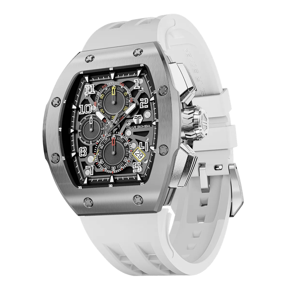 The TSAR BOMBA Atomic TB8214Q interchangebale tonneau quartz watch. stainless-steel-silver-bezel-and-white-interchangeable strap.  The Multifunction dial design, the multifunction dial features a chronograph minute sub-dial at the 12 o'clock position, a date display between the 4 and 5 o'clock positions, a seconds sub-dial at the 6 o'clock position, and an hour chronograph sub-dial at the 9 o'clock position. --Left three-quarter-view
