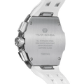The TSAR BOMBA Atomic TB8214Q interchangebale tonneau quartz watch. stainless-steel-silver-bezel-and-white-interchangeable strap.  The Multifunction dial design, the multifunction dial features a chronograph minute sub-dial at the 12 o'clock position, a date display between the 4 and 5 o'clock positions, a seconds sub-dial at the 6 o'clock position, and an hour chronograph sub-dial at the 9 o'clock position. --Rear-view