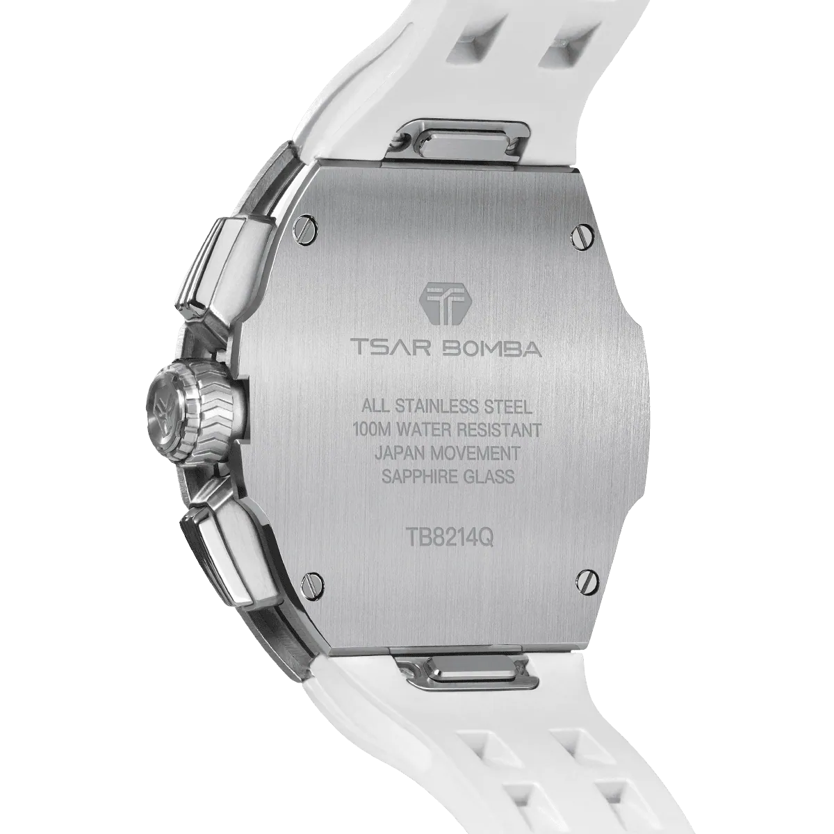 The TSAR BOMBA Atomic TB8214Q interchangebale tonneau quartz watch. stainless-steel-silver-bezel-and-white-interchangeable strap.  The Multifunction dial design, the multifunction dial features a chronograph minute sub-dial at the 12 o'clock position, a date display between the 4 and 5 o'clock positions, a seconds sub-dial at the 6 o'clock position, and an hour chronograph sub-dial at the 9 o'clock position. --Rear-view