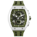 The TSAR BOMBA Elemental TB8224B ceramic tonneau quartz watch. Bio-cecramic white bezel and Olive Green strap.  The Multifunction dial design, the multifunction dial features a chronograph minute sub-dial at the 12 o'clock position, a date display between the 4 and 5 o'clock positions, a seconds sub-dial at the 6 o'clock position, and an hour chronograph sub-dial at the 9 o'clock position. --Front-view