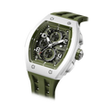 The TSAR BOMBA Elemental TB8224B ceramic tonneau quartz watch. Bio-cecramic white bezel and Olive Green strap.  The Multifunction dial design, the multifunction dial features a chronograph minute sub-dial at the 12 o'clock position, a date display between the 4 and 5 o'clock positions, a seconds sub-dial at the 6 o'clock position, and an hour chronograph sub-dial at the 9 o'clock position. --Left three-quarter-angled-view
