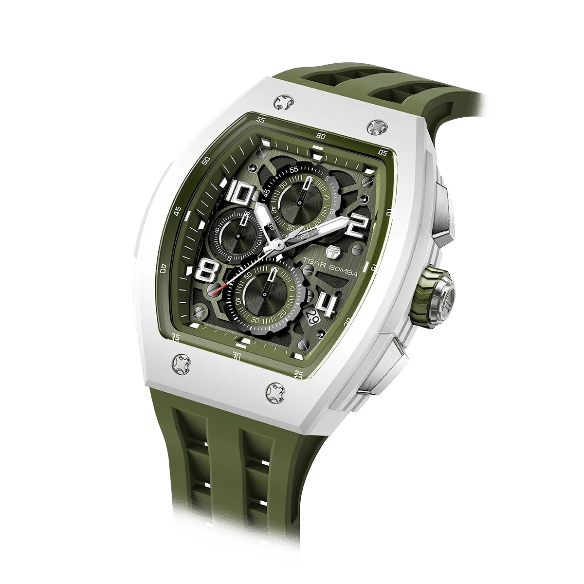 The TSAR BOMBA Elemental TB8224B ceramic tonneau quartz watch. Bio-cecramic white bezel and Olive Green strap.  The Multifunction dial design, the multifunction dial features a chronograph minute sub-dial at the 12 o'clock position, a date display between the 4 and 5 o'clock positions, a seconds sub-dial at the 6 o'clock position, and an hour chronograph sub-dial at the 9 o'clock position. --Left three-quarter-angled-view
