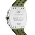 The TSAR BOMBA Elemental TB8224B ceramic tonneau quartz watch. Bio-cecramic white bezel and Olive Green strap.  The Multifunction dial design, the multifunction dial features a chronograph minute sub-dial at the 12 o'clock position, a date display between the 4 and 5 o'clock positions, a seconds sub-dial at the 6 o'clock position, and an hour chronograph sub-dial at the 9 o'clock position. --Rear-view
