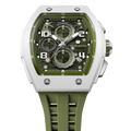 The TSAR BOMBA Elemental TB8224B ceramic tonneau quartz watch. Bio-cecramic white bezel and Olive Green strap.  The Multifunction dial design, the multifunction dial features a chronograph minute sub-dial at the 12 o'clock position, a date display between the 4 and 5 o'clock positions, a seconds sub-dial at the 6 o'clock position, and an hour chronograph sub-dial at the 9 o'clock position. --Top-down-view