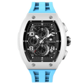 The TSAR BOMBA Elemental TB8224B ceramic tonneau quartz watch. Bio-cecramic white bezel and sky blue strap.  The Multifunction dial design, the multifunction dial features a chronograph minute sub-dial at the 12 o'clock position, a date display between the 4 and 5 o'clock positions, a seconds sub-dial at the 6 o'clock position, and an hour chronograph sub-dial at the 9 o'clock position. --Front-view