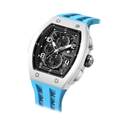 The TSAR BOMBA Elemental TB8224B ceramic tonneau quartz watch. Bio-cecramic white bezel and sky blue strap.  The Multifunction dial design, the multifunction dial features a chronograph minute sub-dial at the 12 o'clock position, a date display between the 4 and 5 o'clock positions, a seconds sub-dial at the 6 o'clock position, and an hour chronograph sub-dial at the 9 o'clock position. --Left three-quarter-angled-view
