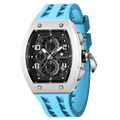 The TSAR BOMBA Elemental TB8224B ceramic tonneau quartz watch. Bio-cecramic white bezel and sky blue strap.  The Multifunction dial design, the multifunction dial features a chronograph minute sub-dial at the 12 o'clock position, a date display between the 4 and 5 o'clock positions, a seconds sub-dial at the 6 o'clock position, and an hour chronograph sub-dial at the 9 o'clock position. --Left three-quarter-view