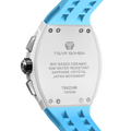 The TSAR BOMBA Elemental TB8224B ceramic tonneau quartz watch. Bio-cecramic white bezel and sky blue strap.  The Multifunction dial design, the multifunction dial features a chronograph minute sub-dial at the 12 o'clock position, a date display between the 4 and 5 o'clock positions, a seconds sub-dial at the 6 o'clock position, and an hour chronograph sub-dial at the 9 o'clock position. --Rear-view
