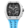 The TSAR BOMBA Elemental TB8224B ceramic tonneau quartz watch. Bio-cecramic white bezel and sky blue strap.  The Multifunction dial design, the multifunction dial features a chronograph minute sub-dial at the 12 o'clock position, a date display between the 4 and 5 o'clock positions, a seconds sub-dial at the 6 o'clock position, and an hour chronograph sub-dial at the 9 o'clock position. --Top-down-view