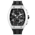 The TSAR BOMBA Elemental TB8224B ceramic tonneau quartz watch. Bio-cecramic white bezel and black strap.  The Multifunction dial design, the multifunction dial features a chronograph minute sub-dial at the 12 o'clock position, a date display between the 4 and 5 o'clock positions, a seconds sub-dial at the 6 o'clock position, and an hour chronograph sub-dial at the 9 o'clock position. --Front-view