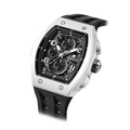 The TSAR BOMBA Elemental TB8224B ceramic tonneau quartz watch. Bio-cecramic white bezel and black strap.  The Multifunction dial design, the multifunction dial features a chronograph minute sub-dial at the 12 o'clock position, a date display between the 4 and 5 o'clock positions, a seconds sub-dial at the 6 o'clock position, and an hour chronograph sub-dial at the 9 o'clock position. --Left three-quarter-angled-view