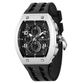 The TSAR BOMBA Elemental TB8224B ceramic tonneau quartz watch. Bio-cecramic white bezel and black strap.  The Multifunction dial design, the multifunction dial features a chronograph minute sub-dial at the 12 o'clock position, a date display between the 4 and 5 o'clock positions, a seconds sub-dial at the 6 o'clock position, and an hour chronograph sub-dial at the 9 o'clock position. --Left three-quarter-view