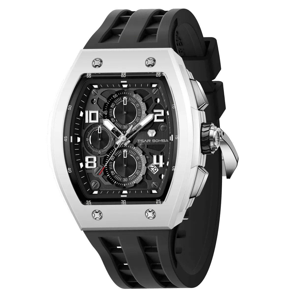 The TSAR BOMBA Elemental TB8224B ceramic tonneau quartz watch. Bio-cecramic white bezel and black strap.  The Multifunction dial design, the multifunction dial features a chronograph minute sub-dial at the 12 o'clock position, a date display between the 4 and 5 o'clock positions, a seconds sub-dial at the 6 o'clock position, and an hour chronograph sub-dial at the 9 o'clock position. --Left three-quarter-view