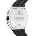 The TSAR BOMBA Elemental TB8224B ceramic tonneau quartz watch. Bio-cecramic white bezel and black strap.  The Multifunction dial design, the multifunction dial features a chronograph minute sub-dial at the 12 o'clock position, a date display between the 4 and 5 o'clock positions, a seconds sub-dial at the 6 o'clock position, and an hour chronograph sub-dial at the 9 o'clock position. --Rear-view