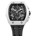 The TSAR BOMBA Elemental TB8224B ceramic tonneau quartz watch. Bio-cecramic white bezel and black strap.  The Multifunction dial design, the multifunction dial features a chronograph minute sub-dial at the 12 o'clock position, a date display between the 4 and 5 o'clock positions, a seconds sub-dial at the 6 o'clock position, and an hour chronograph sub-dial at the 9 o'clock position. --Top-down-view
