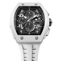 The TSAR BOMBA Elemental TB8224B ceramic tonneau quartz watch. Bio-cecramic white bezel and white strap.  The Multifunction dial design, the multifunction dial features a chronograph minute sub-dial at the 12 o'clock position, a date display between the 4 and 5 o'clock positions, a seconds sub-dial at the 6 o'clock position, and an hour chronograph sub-dial at the 9 o'clock position. --Top-down-view
