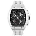 The TSAR BOMBA Elemental TB8224B ceramic tonneau quartz watch. Bio-cecramic white bezel and white strap.  The Multifunction dial design, the multifunction dial features a chronograph minute sub-dial at the 12 o'clock position, a date display between the 4 and 5 o'clock positions, a seconds sub-dial at the 6 o'clock position, and an hour chronograph sub-dial at the 9 o'clock position. --Front-view

