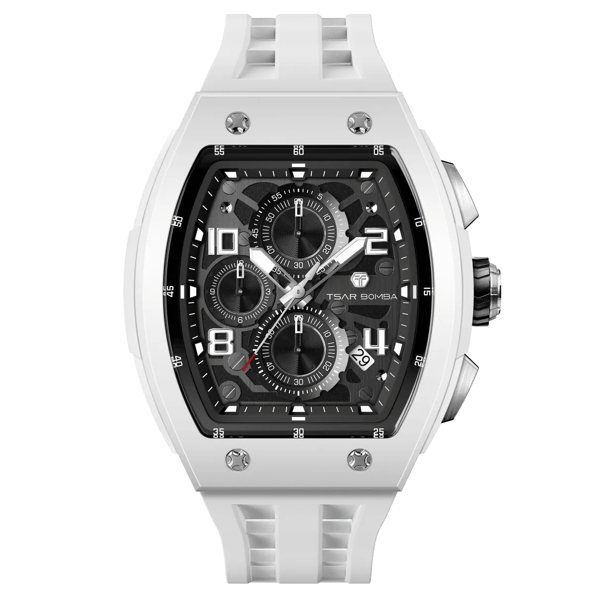 The TSAR BOMBA Elemental TB8224B ceramic tonneau quartz watch. Bio-cecramic white bezel and white strap.  The Multifunction dial design, the multifunction dial features a chronograph minute sub-dial at the 12 o'clock position, a date display between the 4 and 5 o'clock positions, a seconds sub-dial at the 6 o'clock position, and an hour chronograph sub-dial at the 9 o'clock position. --Front-view
