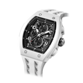 The TSAR BOMBA Elemental TB8224B ceramic tonneau quartz watch. Bio-cecramic white bezel and white strap.  The Multifunction dial design, the multifunction dial features a chronograph minute sub-dial at the 12 o'clock position, a date display between the 4 and 5 o'clock positions, a seconds sub-dial at the 6 o'clock position, and an hour chronograph sub-dial at the 9 o'clock position. --Left three-quarter-view