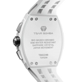 The TSAR BOMBA Elemental TB8224B ceramic tonneau quartz watch. Bio-cecramic white bezel and white strap.  The Multifunction dial design, the multifunction dial features a chronograph minute sub-dial at the 12 o'clock position, a date display between the 4 and 5 o'clock positions, a seconds sub-dial at the 6 o'clock position, and an hour chronograph sub-dial at the 9 o'clock position. --Rear-view
