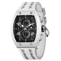 The TSAR BOMBA Elemental TB8224B ceramic tonneau quartz watch. Bio-cecramic white bezel and white strap.  The Multifunction dial design, the multifunction dial features a chronograph minute sub-dial at the 12 o'clock position, a date display between the 4 and 5 o'clock positions, a seconds sub-dial at the 6 o'clock position, and an hour chronograph sub-dial at the 9 o'clock position. --Left three-quarter-view