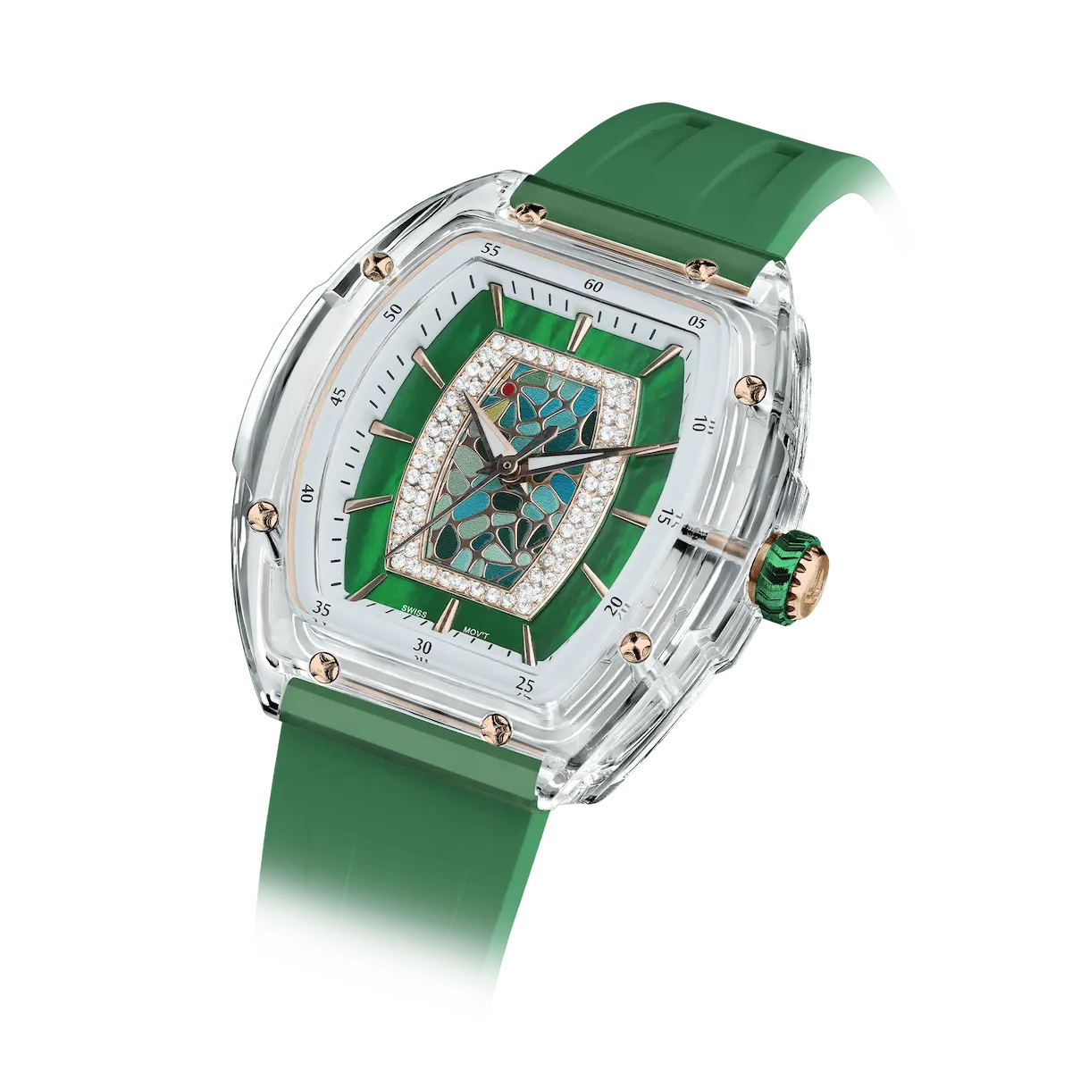  TSAR BOMBA Nucleus femme 02 Mother-of-Pearl Women’s Watch. The case is crafted from stainless steel, and the dial features natural mother-of-pearl: the dial is made of exquisite mother-of-pearl, which displays a rich and soft iridescent sheen under varying light conditions. With a transparent bezel. It is powered by a Swiss Ronda quartz movement. The watch is extremely lightweight (only about 45 grams), making it very comfortable for everyday wear. --Left three-quarter view