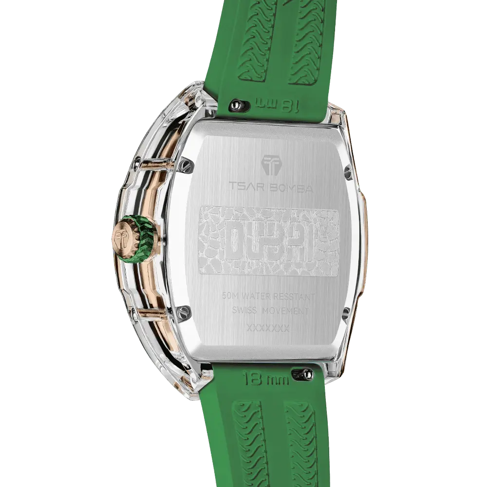  TSAR BOMBA Nucleus femme 02 Mother-of-Pearl Women’s Watch. The case is crafted from stainless steel, and the dial features natural mother-of-pearl: the dial is made of exquisite mother-of-pearl, which displays a rich and soft iridescent sheen under varying light conditions. With a transparent bezel. It is powered by a Swiss Ronda quartz movement. The watch is extremely lightweight (only about 45 grams), making it very comfortable for everyday wear. --rear view