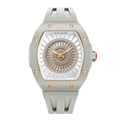 TSAR BOMBA Nucleus femme 03 Ceramic Ladies' Watch. Features a ceramic case and a ceramic dial set with a zirconia diamond. Powered by a Swiss Ronda quartz movement. Extremely lightweight (approximately 60 grams). Equipped with Grade A luminous coating, scratch-resistant sapphire crystal, and a replaceable fluoroelastomer strap. Water resistant to 50 meters (5 ATM). Ghost Grey theme.--Front-view