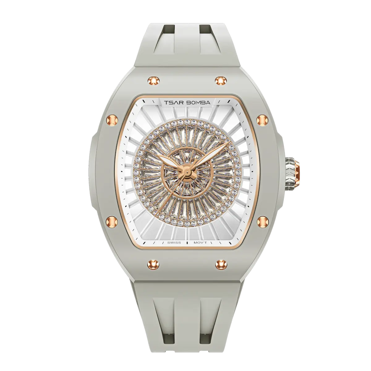 TSAR BOMBA Nucleus femme 03 Ceramic Ladies' Watch. Features a ceramic case and a ceramic dial set with a zirconia diamond. Powered by a Swiss Ronda quartz movement. Extremely lightweight (approximately 60 grams). Equipped with Grade A luminous coating, scratch-resistant sapphire crystal, and a replaceable fluoroelastomer strap. Water resistant to 50 meters (5 ATM). Ghost Grey theme.--Front-view