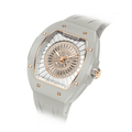 TSAR BOMBA Nucleus femme 03 Ceramic Ladies' Watch. Features a ceramic case and a ceramic dial set with a zirconia diamond. Powered by a Swiss Ronda quartz movement. Extremely lightweight (approximately 60 grams). Equipped with Grade A luminous coating, scratch-resistant sapphire crystal, and a replaceable fluoroelastomer strap. Water resistant to 50 meters (5 ATM). Ghost Grey theme.--Left three-quarter-angled-view
