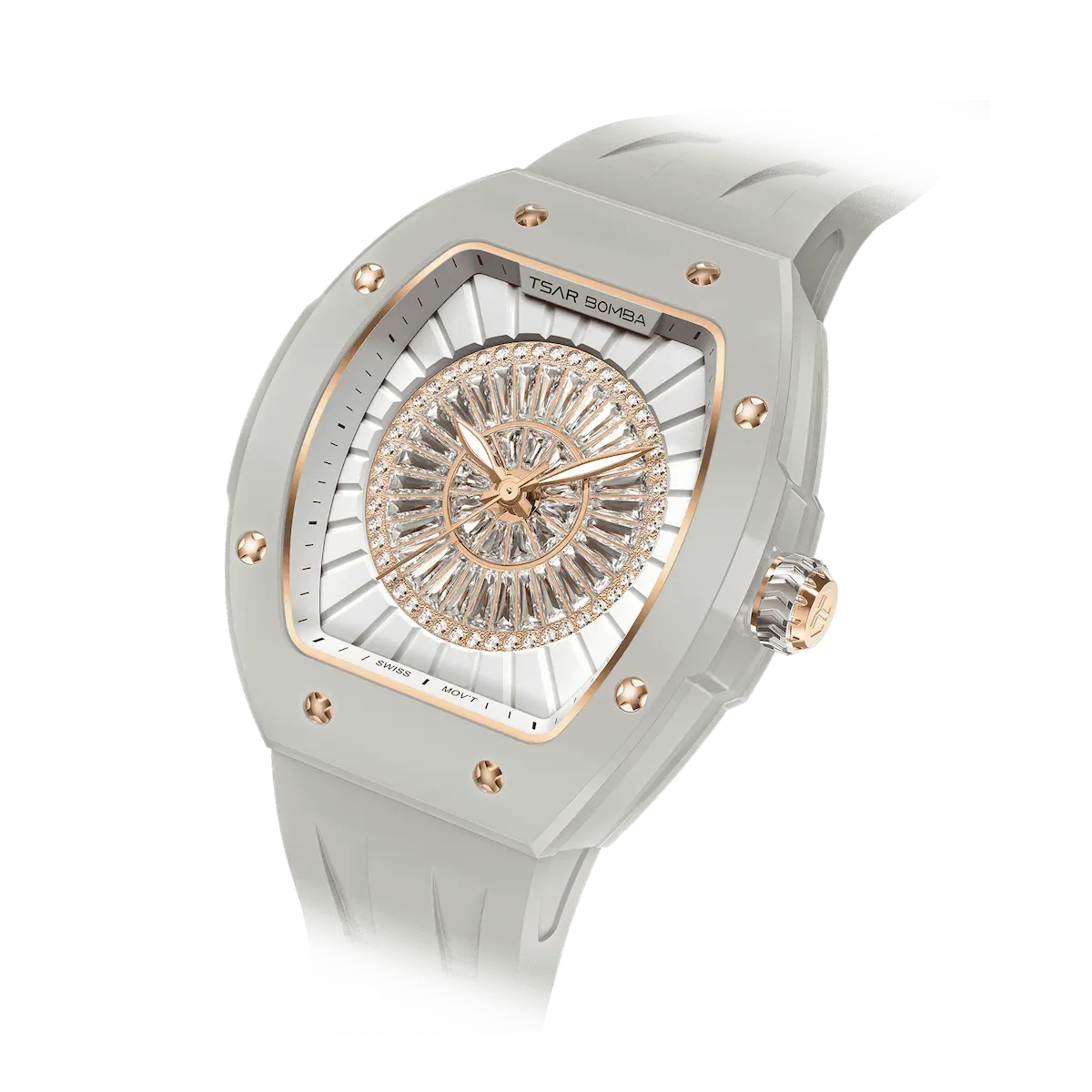 TSAR BOMBA Nucleus femme 03 Ceramic Ladies' Watch. Features a ceramic case and a ceramic dial set with a zirconia diamond. Powered by a Swiss Ronda quartz movement. Extremely lightweight (approximately 60 grams). Equipped with Grade A luminous coating, scratch-resistant sapphire crystal, and a replaceable fluoroelastomer strap. Water resistant to 50 meters (5 ATM). Ghost Grey theme.--Left three-quarter-angled-view
