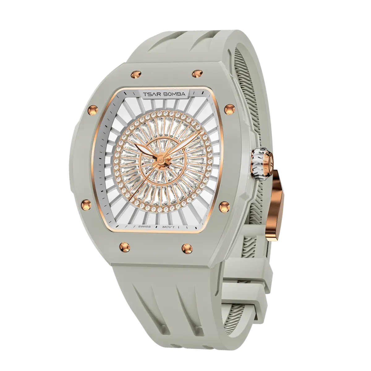 TSAR BOMBA Nucleus femme 03 Ceramic Ladies' Watch. Features a ceramic case and a ceramic dial set with a zirconia diamond. Powered by a Swiss Ronda quartz movement. Extremely lightweight (approximately 60 grams). Equipped with Grade A luminous coating, scratch-resistant sapphire crystal, and a replaceable fluoroelastomer strap. Water resistant to 50 meters (5 ATM). Ghost Grey theme.--Left three-quarter-view